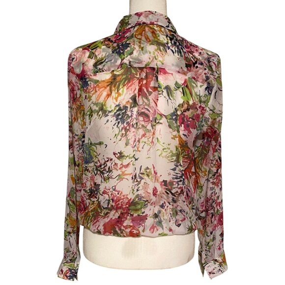 Liz Claiborne Long Sleeve Tie Front Floral Chiffon Blouse, Size Medium - Picture 2 of 7